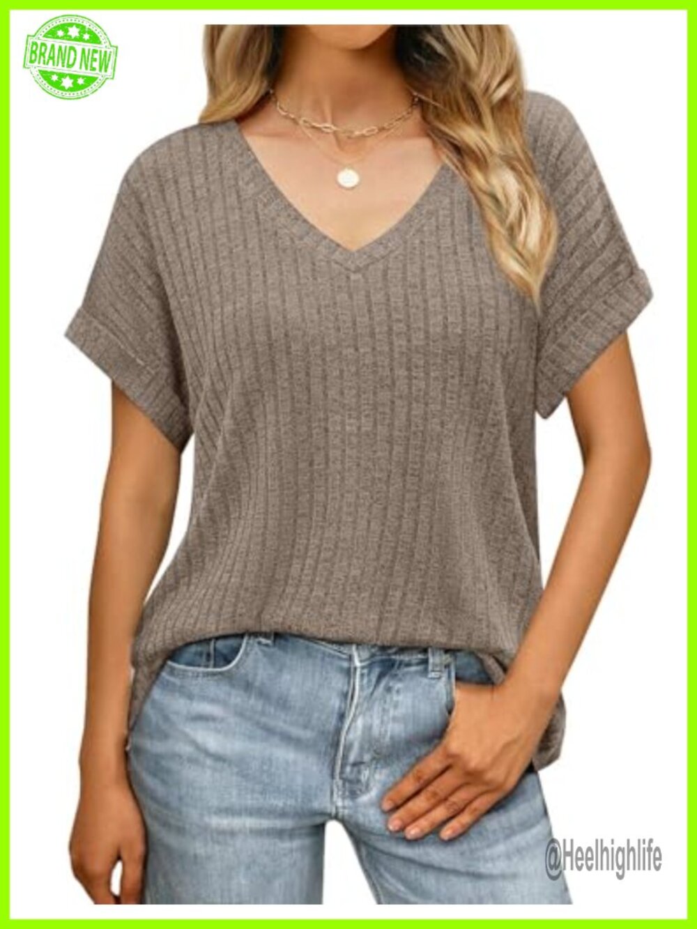 V Neck Short Sleeve Sweater Tunic with Side Split, Loose Fit Top - Picture 2 of 7